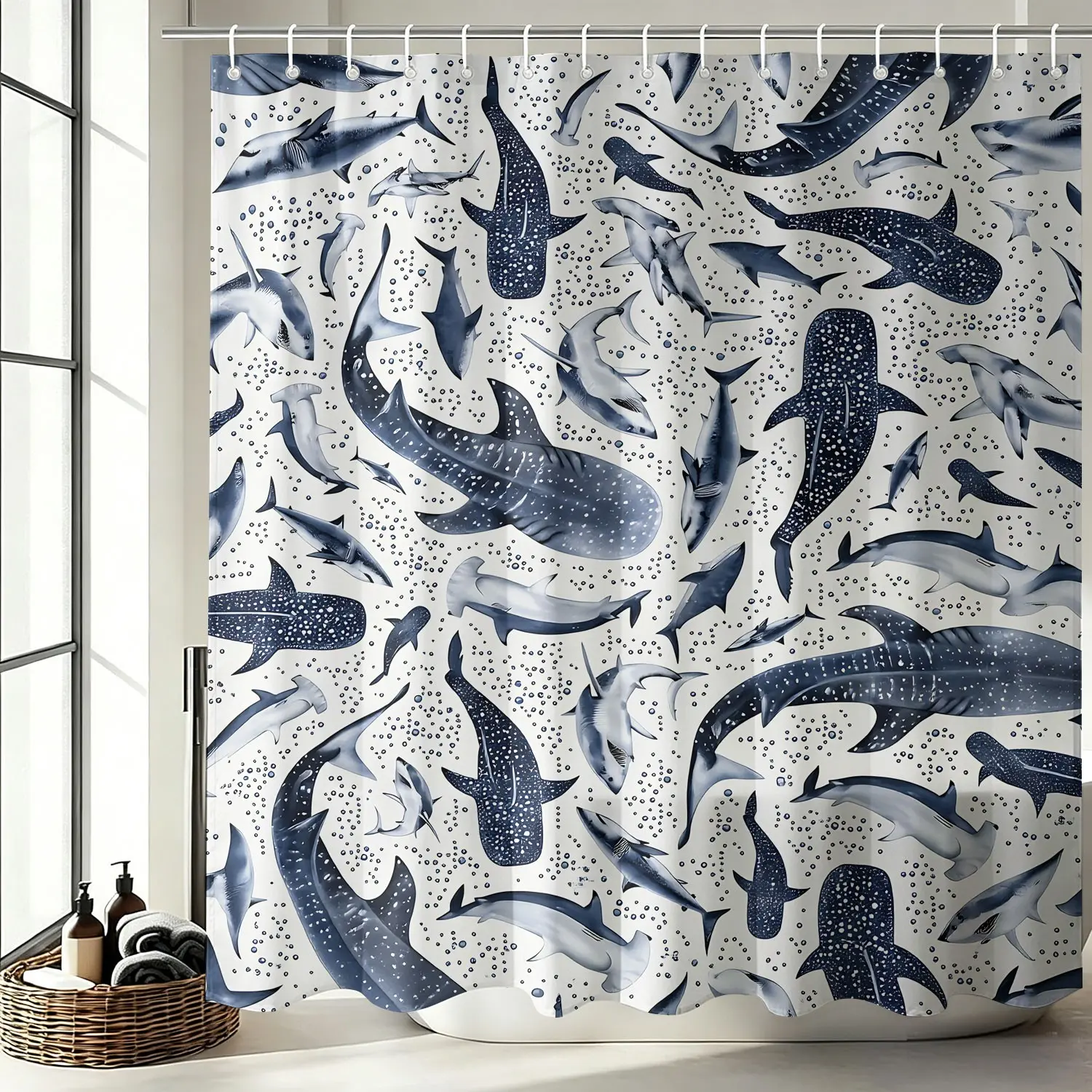 Whale Shark Ocean Creature Print Shower Curtain, Coastal Marine Cute Fabric Curtain with Hooks, Waterproof Polyester Oxford, Machine Washable Teen Boys Dorm Bathroom Decor