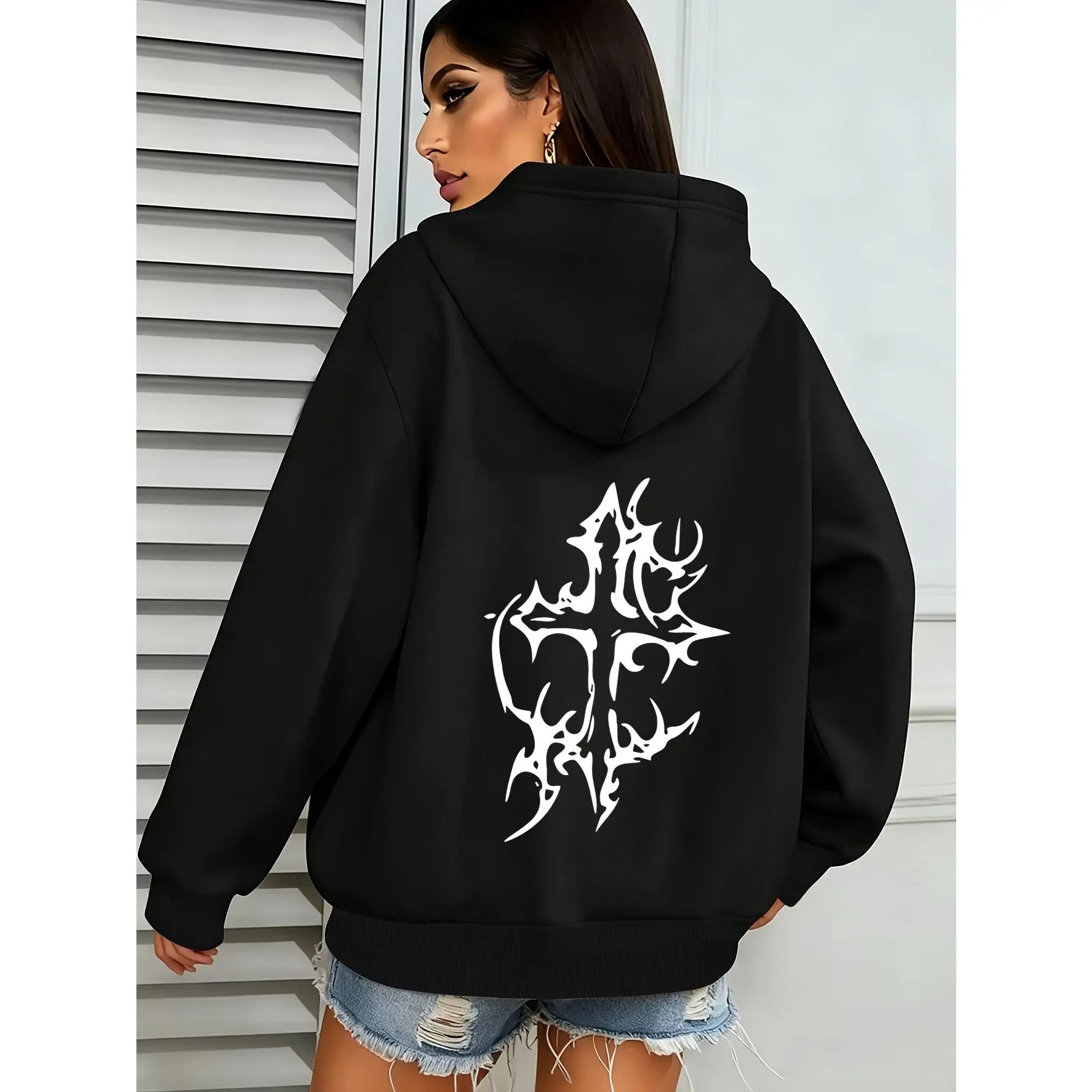 1pc Dark Popular Hoodie with Totem Cross Print Pattern, Versatile Casual Hooded Sweatshirt for Autumn and Winter, Fleece Lined Cordless Hoodie, Suitable for Everyday Dark Outfits, One-piece Women's Loose Fit Autumn and Win