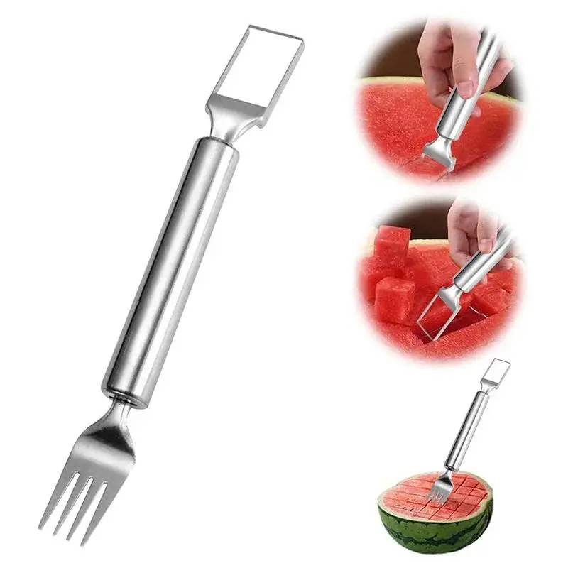 2-in-1 Stainless Steel Fruit Cutters Dual Head Watermelon Fork Cutter Slicer Tool For Home Kitchen Gadget Melon Cube Cutter