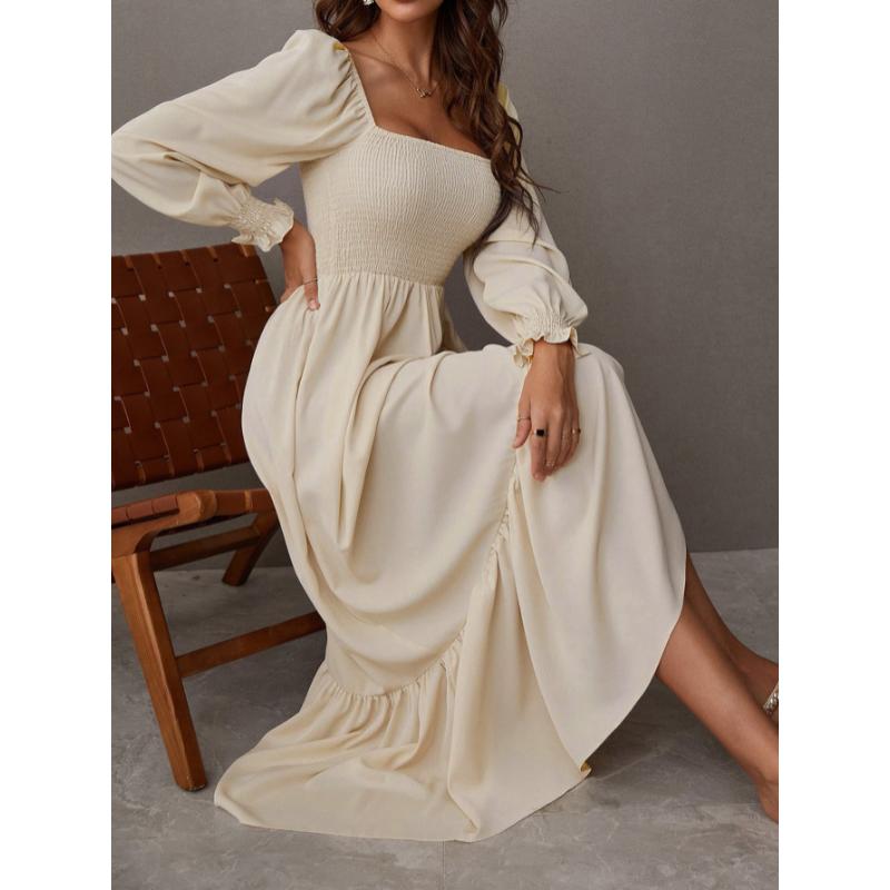 SHEIN Raffinéa Square Neck Shirred Ruffle Hem Dress Maxi Women Outfit SHEIN Raffinéa Square Neck Shirred Ruffle Hem Dress Maxi Women Outfit