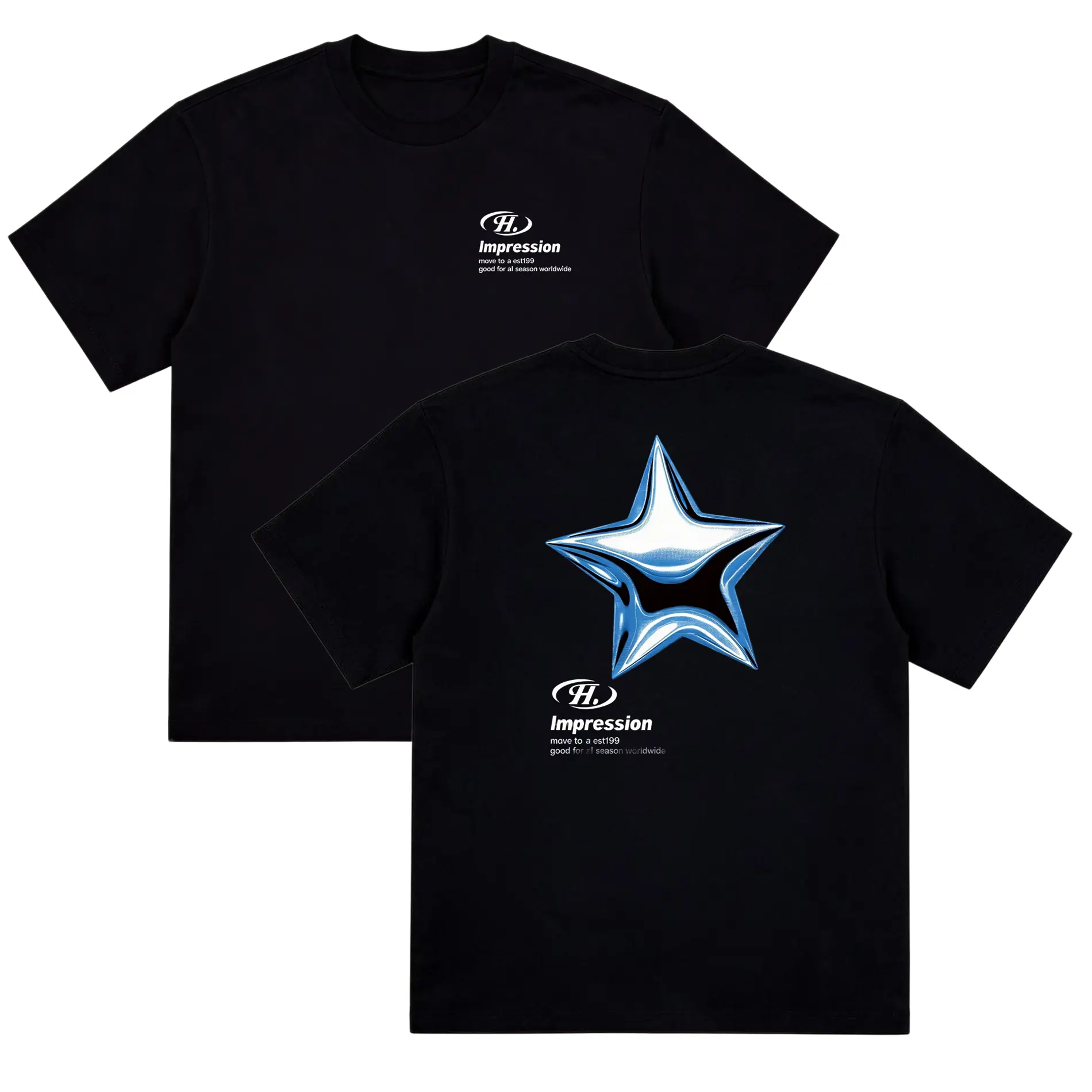 Oversized Back Print T-Shirt 3D Chrome Blue Star Impression Text Graphic Tee Soft Breathable Cotton Y2K Casual Short Sleeve Unisex Top For Street Style Daily Outfit