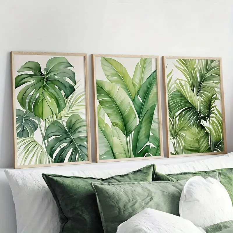 2D Flat, 2D Flat, 3pcs, Unframed, Tropical Watercolor Leaves Prints, Botanical Wall Art, Banana, Monstera, Palm Leaves Poster, Living Room Decor, Greenery Wall Decor, Canvas Art for Bedroom, Beach House, Kitchen, Office, Cafe, Bar, Hallway