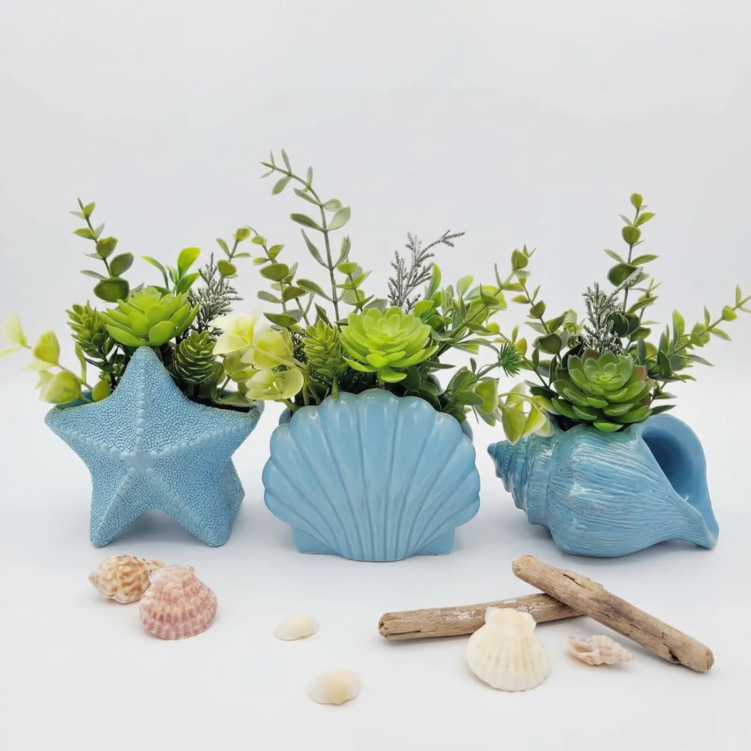 Zhehao 3-Set Plastic Coastal Artificial Succulents Set with Pots - Lightweight Centerpiece Decoration, Gift for Home Bedroom, Beach Theme Party Favors (Sea Shell, Starfish, Conch)