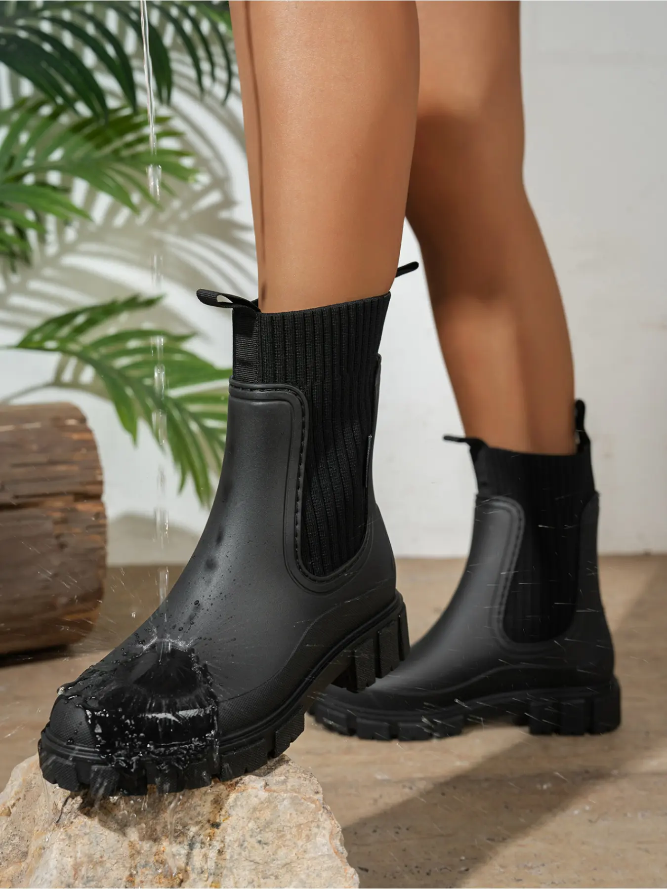 Women Ribbed Knit Panel Chelsea Rain Ankle Boots, Waterproof Rubber Lug Chunky Sole Slip On Short Wellies, Non Slip Outdoor Gardening Daily Fashion Rain Footwear
