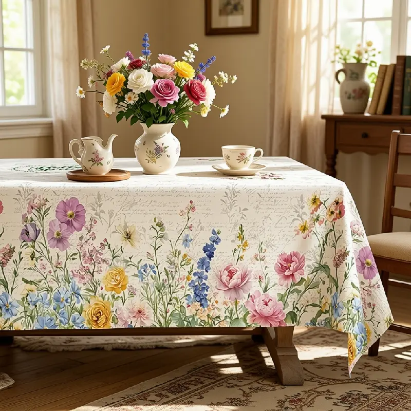 Pastel Garden Floral Tablecloth, White with Pink Blue Yellow and Green Flowers, Round, Rectangular and Oval Shapes for Dining Rooms, Parties and Outdoor Gatherings, polyester, washable, clearance sale