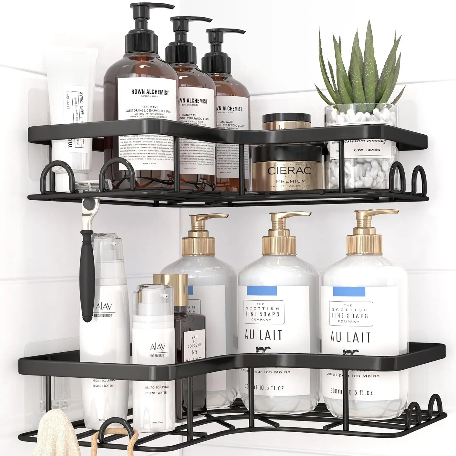 2 Pack Corner Shower Caddy, Adhesive No Drilling Rustproof Stainless Steel Shower Shelves with 8 Hooks, Space-Saving Medium Black Bathroom Storage Organizer Racks
