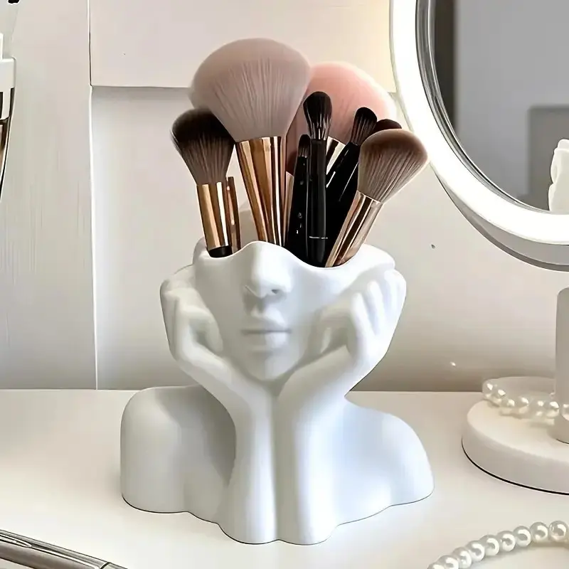 Face-Shaped Makeup Brush Holder - White Vanity Organizer with Eyebrow Pencil Slots, Portable & No Assembly Needed for Desk/Bathroom, Makeup Tool Organizer, Beauty Supplies Organizer