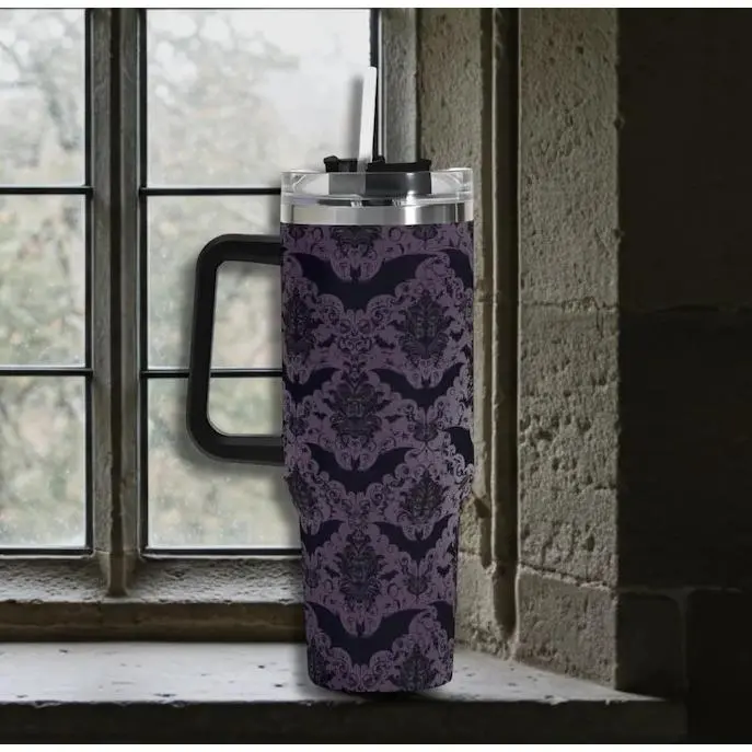 Gothic Bat Damask 40oz Tumbler With Handle, Baroque Bats 40oz Tumbler Spooky Gothic Mug Halloween Tumbler Dark Aesthetic Gothic Coffee Cup