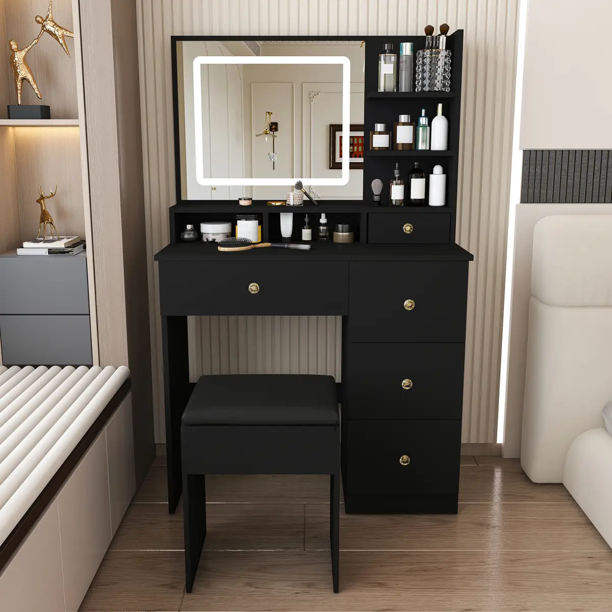 Vanity Desk Set with Mirror & LED Lights, Black Makeup Vanity Table with 5 Drawers & Storage Shelves, Jewelry Storage,Vanity Dressing Table with Stool for Bedroom,Black