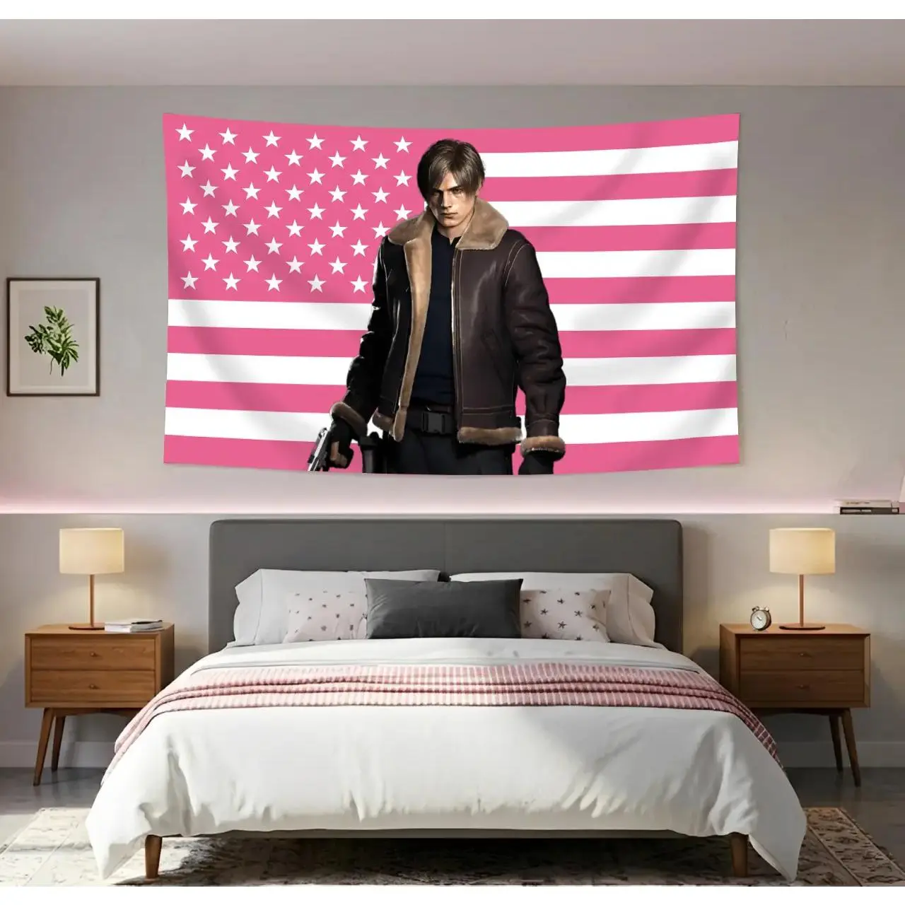 Resident Evil Leon S. Kennedy US Flag Print Tapestry - RE4 Remake Durable Hangable Wall Art, Easy Install, High Color Fastness, Weather Resistant, Reinforced Holes, Wide Range of Sizes, Indoor-Outdoor Home Decor Gift for Game Fans, Living Room Wall Decor,