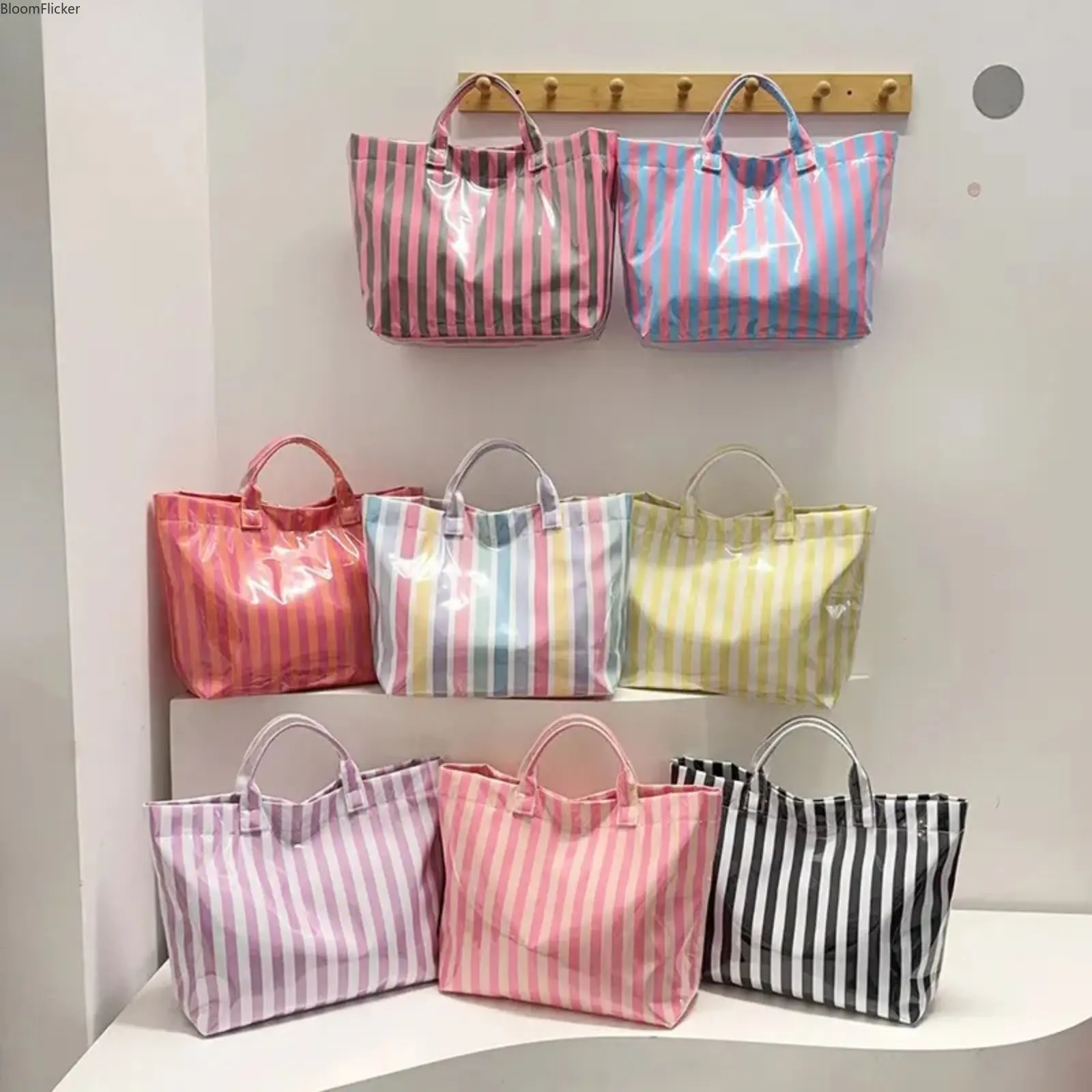 All-Season Fashion Tote, Popular Striped Magnetic Handbag, Large Storage Beach & Travel Bag for Women, sleek magnetic snap & comfortable carrying experience, versatile styling, great for vacation getaways, leisure time and everyday wear