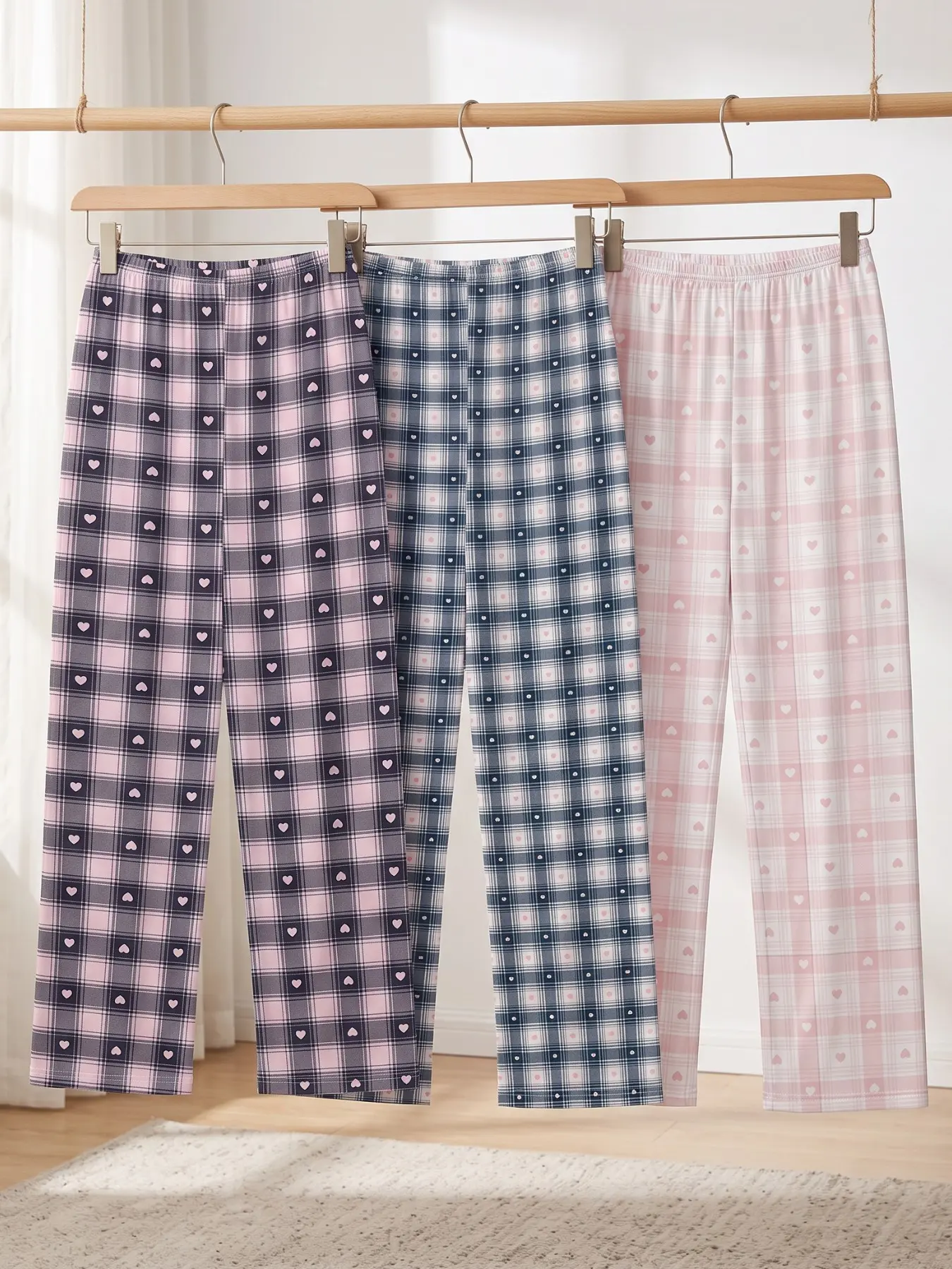 Women's Plaid Heart Print Pyjama Bottoms, Comfortable Breathable Long Pants, Casual Classic Style, All Seasons Wear, Three-Pack Set, Pajamas