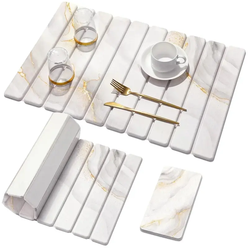 2 PCS Large Stone Dish Drying Mat for Kitchen Counter,Quick Dry Stone Dishes Mats,Marbled Water Absorbing Diatomaceous Earth Drying Pad for Countertop Bottles Utensils Cups Coasters