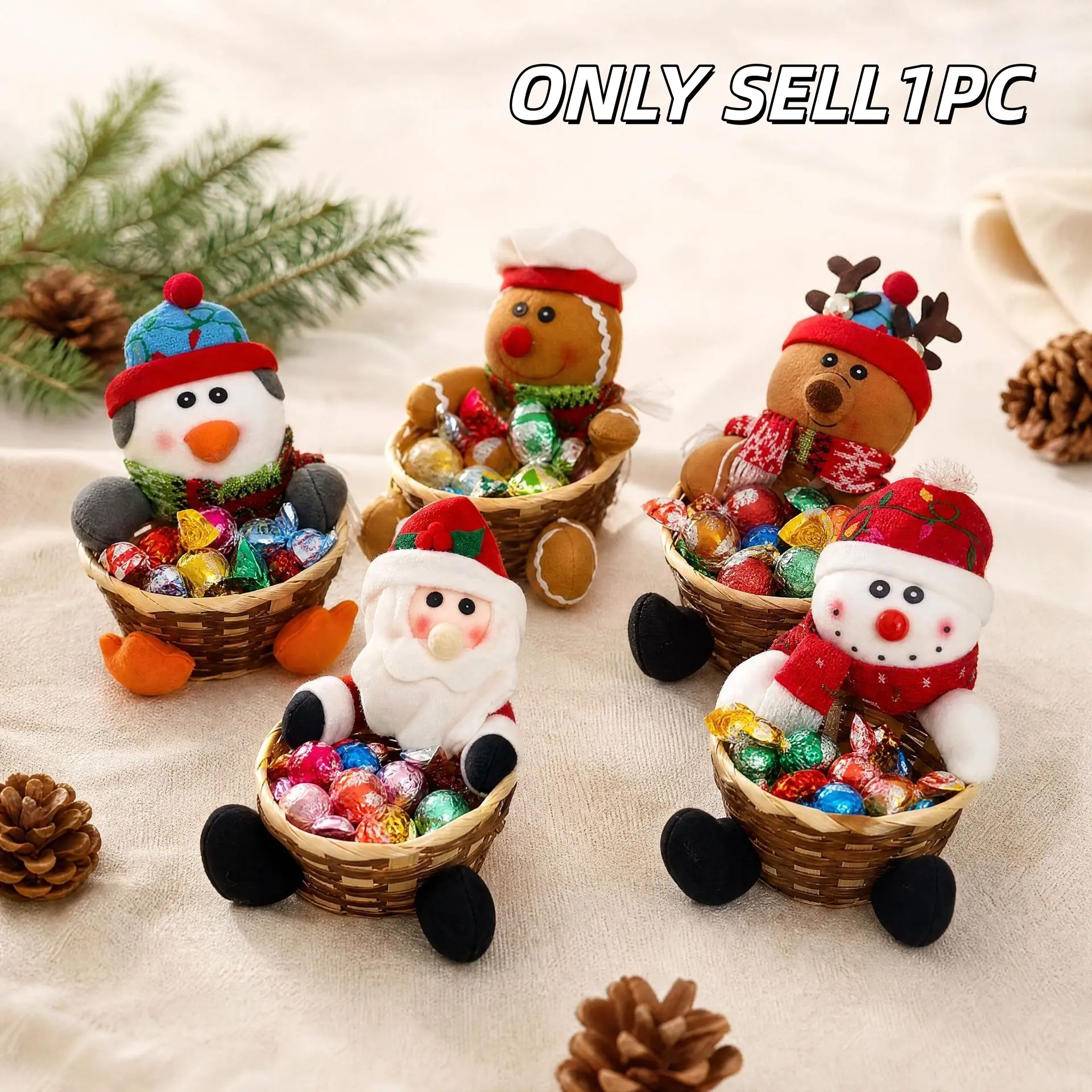 1PC Christmas Candy Basket, Santa Snowman Reindeer Gingerbread Man Doll Candy Storage Basket, Xmas Home Table Decor Gift Ornament