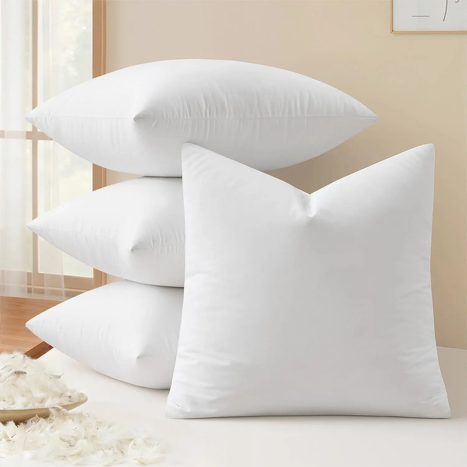 18x18 Pillow Inserts, Premium Feather and Down Pillows Pack of 4 | Fluffy and Choppable Decorative Throw Pillows for Sofa Bed Couch with Double-Layer Down-Proof Cotton Fabric Cover