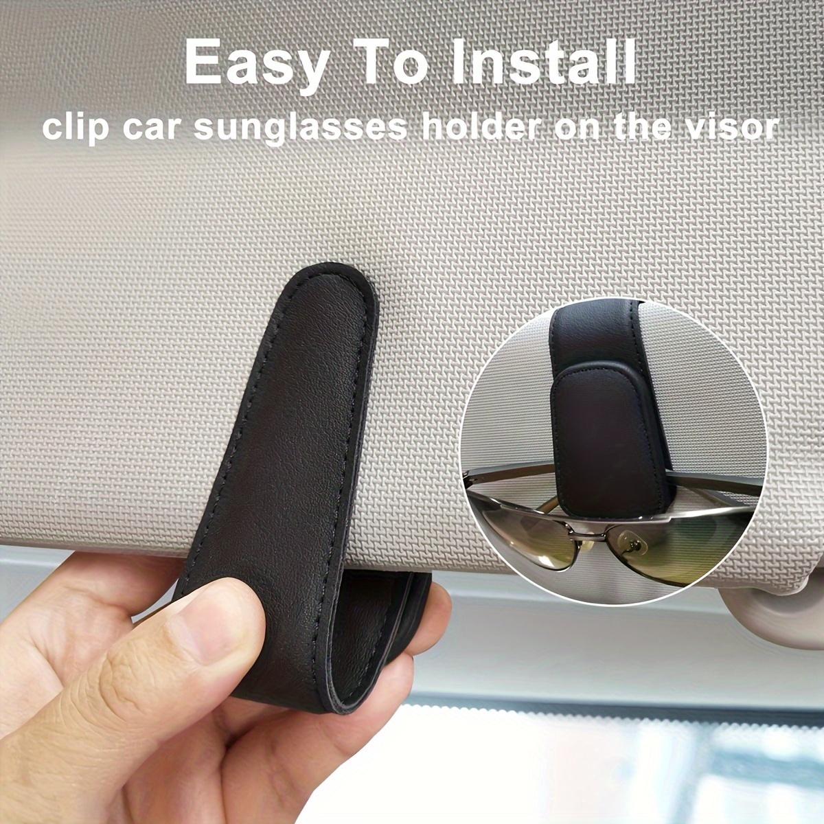 Magnetic Glasses Holder for Car Sun Visors - Synthetic Faux Leather Glasses Hanger Clip with Ticket Card Holder - Convenient for Glasses Installation