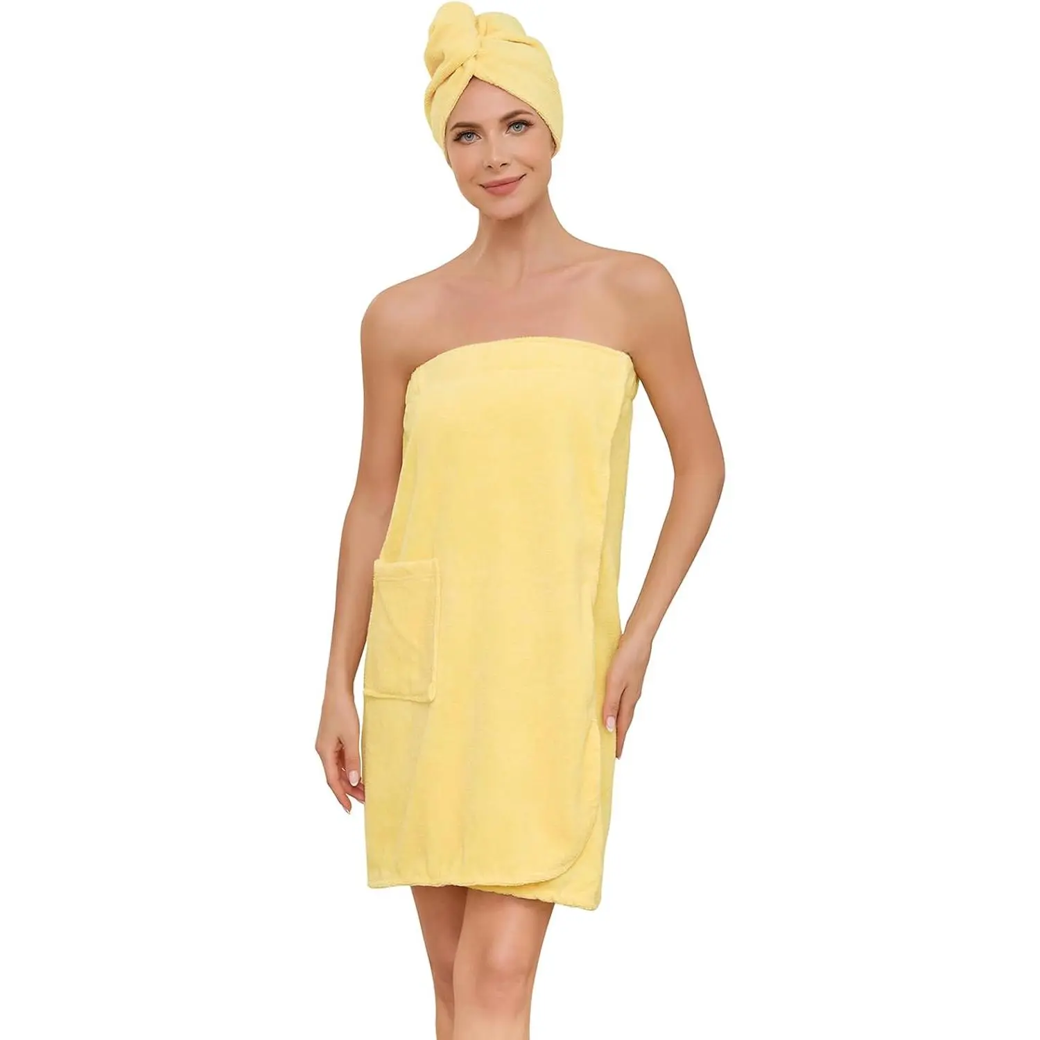 Soft Wrap Towel for Women Lightweight   Wrap Shower Wrap Robe Adjustable Closure Bathrobe with Pocket Yellow L