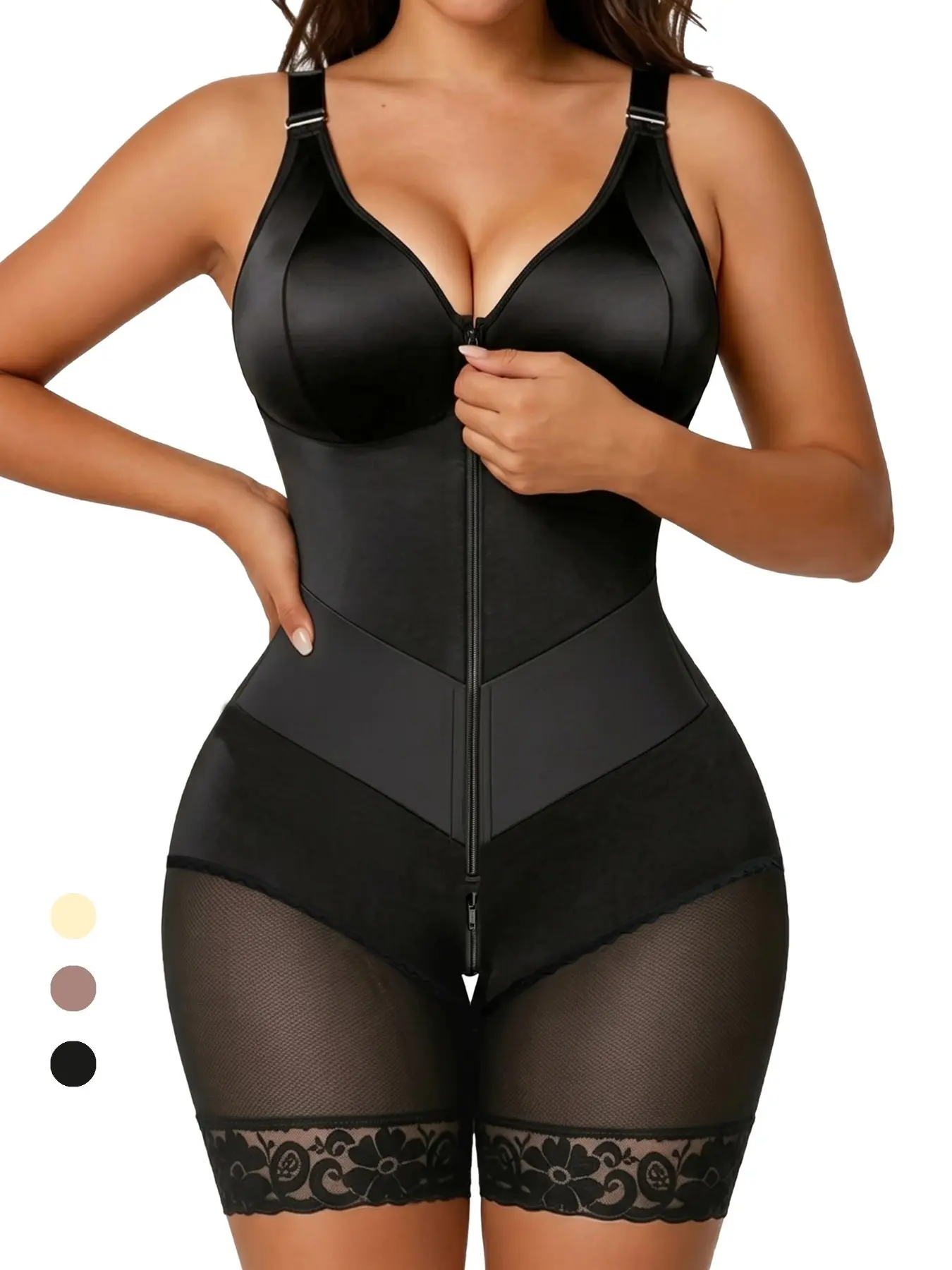 Women's Precision Contour Shapewear Bodysuit, Front Zip Tummy Control, Adjustable Straps, Spaghetti Strap, Butt Sculpting, Anti-Slip Lace Hem