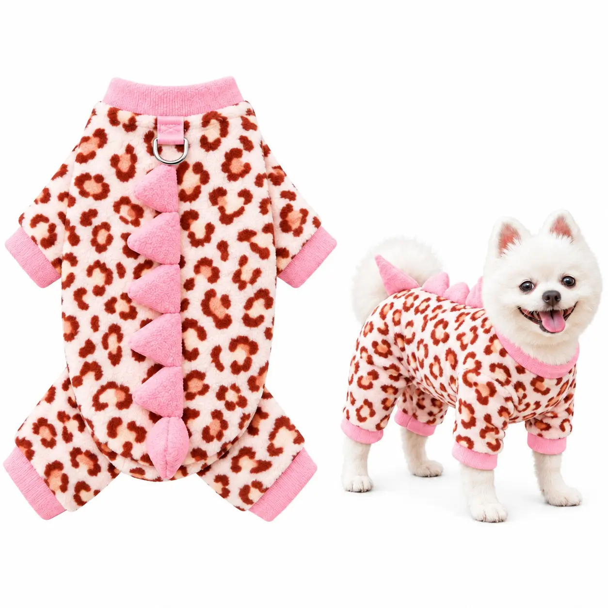 Dog Pajamas for Small Dogs, Warm Fleece Dog Clothes, Puppy Clothes, Four Leg Leopard Print Jumpsuit with Dinosaur Spikes and Back D-Ring, Cozy Winter Outfit for Puppies