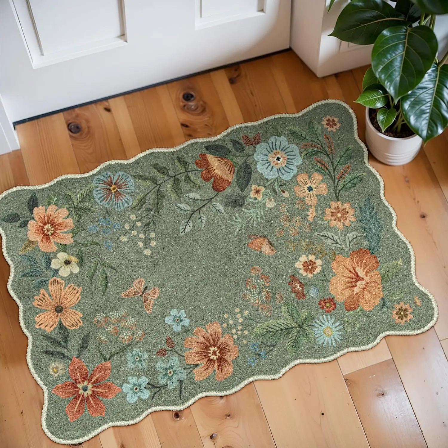 Floral Rugs for Entryway, 2X3 Washable Rugs-Thin Soft Rug, Non Slip Indoor Door Mat Stain Resistant Boho Small Flore Throw Carpet for Bedroom (2x3ft,Green)