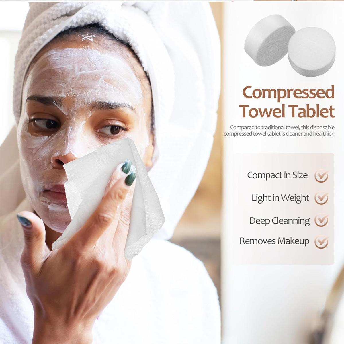 100pcs Compressed Towels for Travel, Gentle Cleansing Towels for Sensitive Skin, Disposable Cotton Cleansing Towel in Convenient Bag, Facial Care Tool, Facial Cleansing Pads