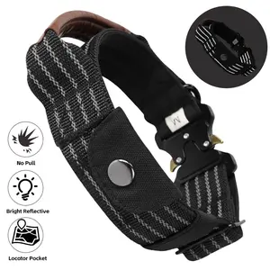 Reflective Nylon Dog Collar with Control Handle, Adjustable Shock-Proof Metal Buckle, Hidden Pocket for Airtag, Ideal for Large Dogs Outdoor Training, Reflective Collars