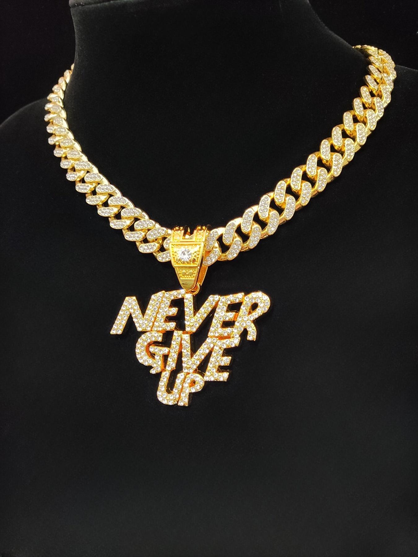 Fashion Rhinestone Decor Letter Cuban Chain Pendant Necklace for Men & Women for Summer, Hip Hop Cubic Zinc Alloy Chunky Chain Jewelry for Daily Wear Or Party, Anniversary Birthday Accessory Gift, Cuban Link Necklace