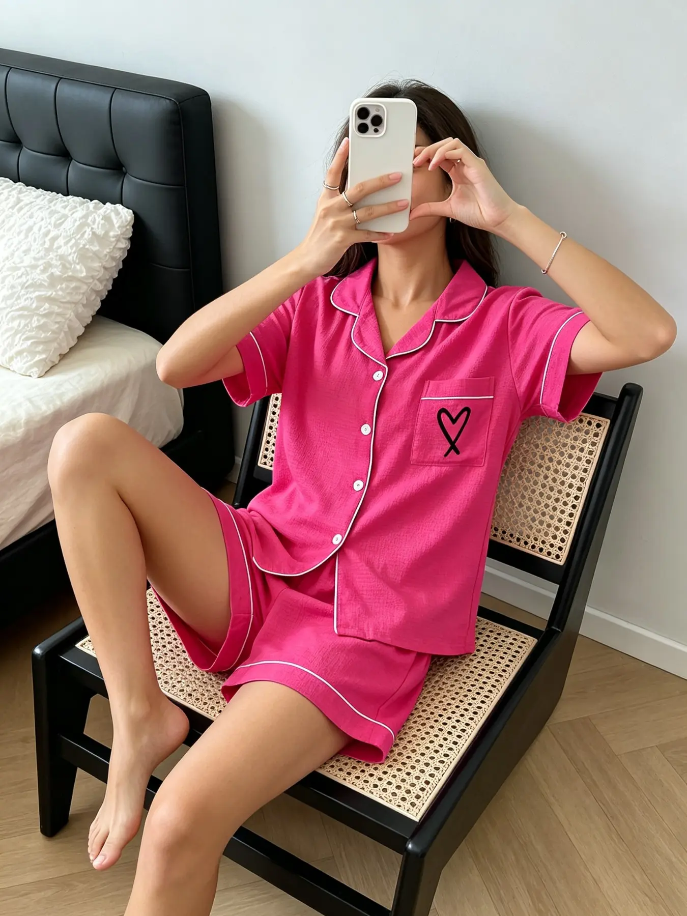Women's Pajama Set, Elegant Heart Print, Fitted Short Sleeve Top & Shorts, Breathable Comfort, Casual Home Wear, All Seasons