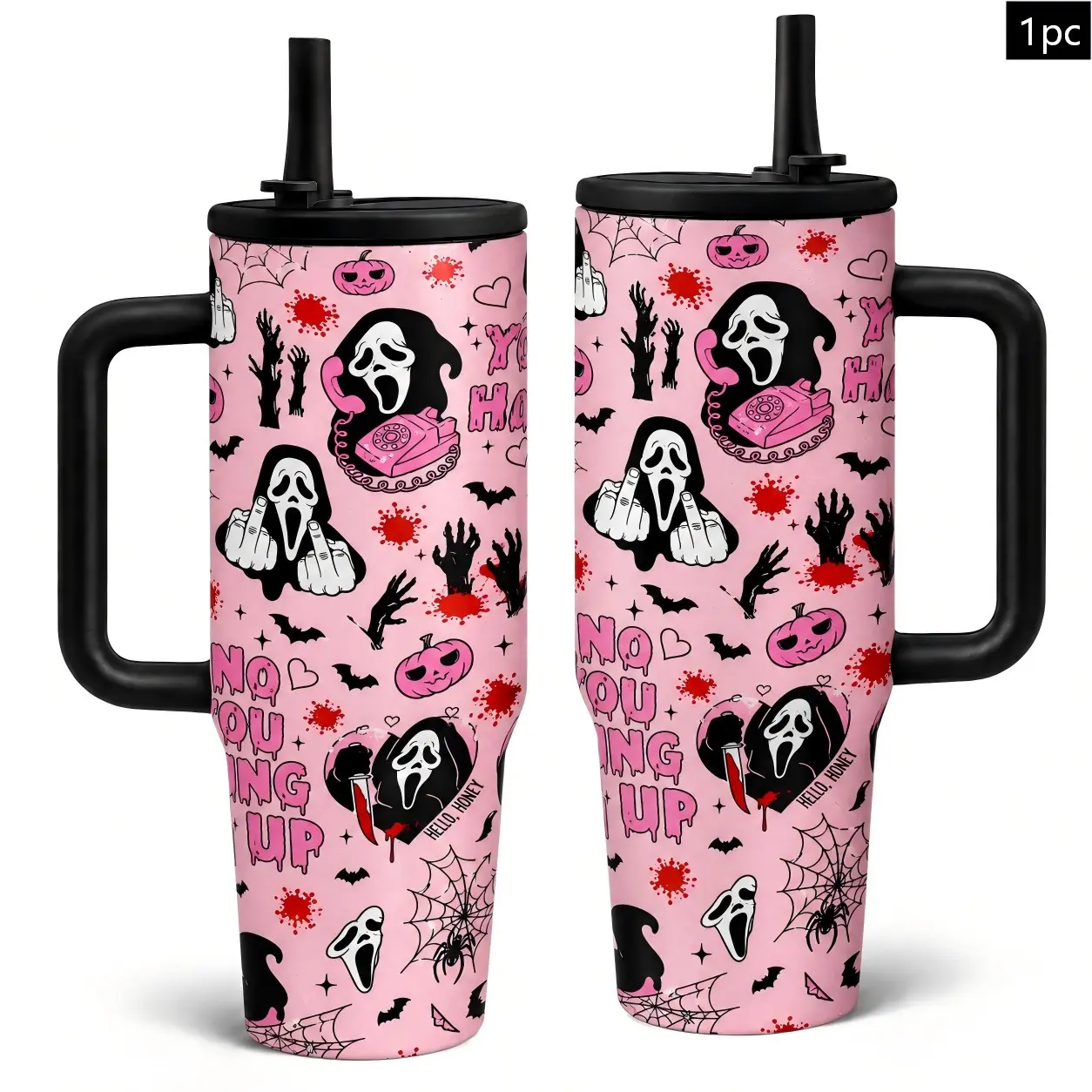 1PC 40oz Pink Horror Mask Phone Pumpkin Spider Web Pattern Insulated Tumbler with Handle & Straw, Double Wall Vacuum Leak-Proof Travel Mug, Hot 12H Cold 24H, Large Capacity Cup for Women Men, Halloween Birthday Gift