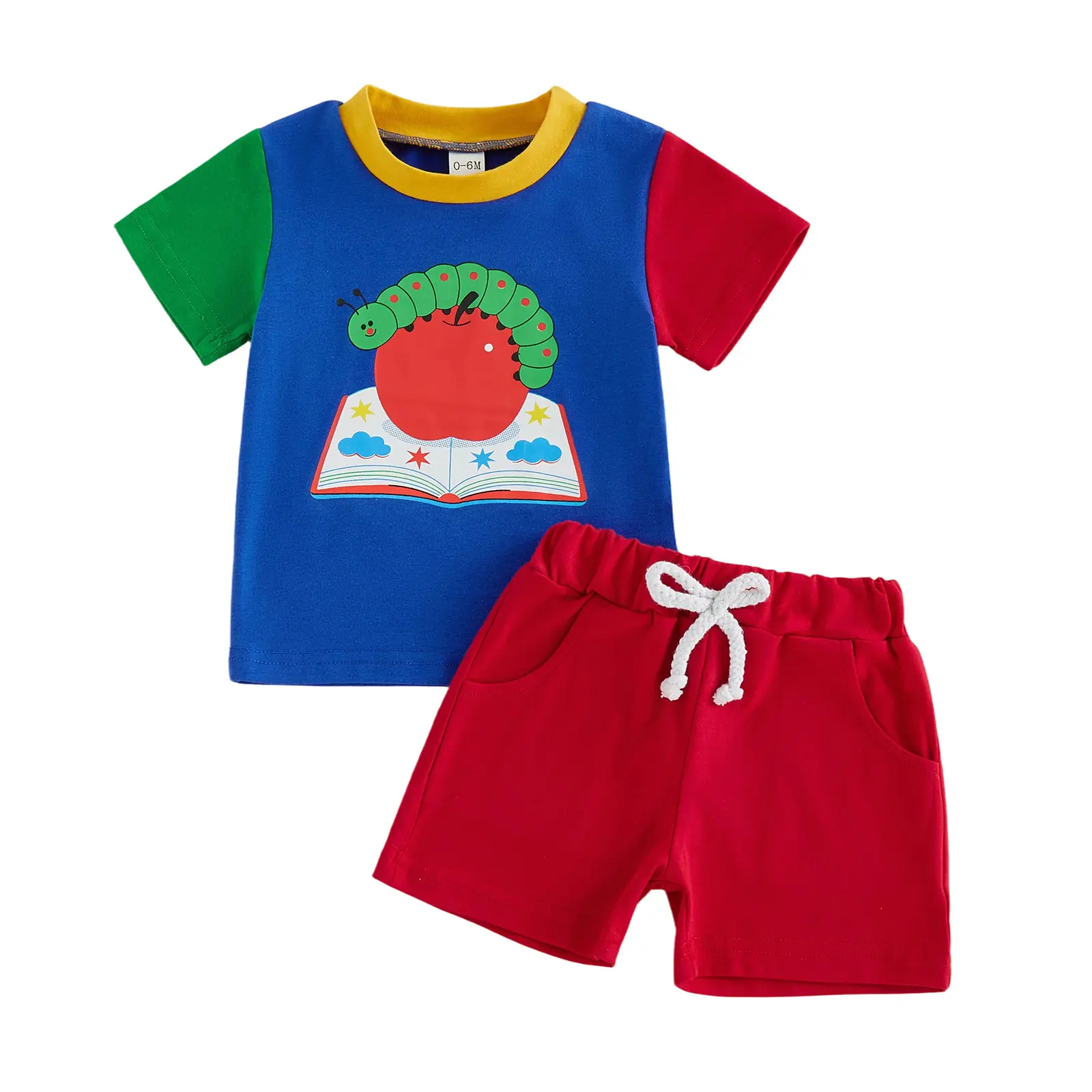 Babamoon Toddler Baby Little Boy Back To School Outfits 90's Styles Retro Apple Book Print Short Sleeve T-shirt and Shorts 2 Piece Summer Clothes Set