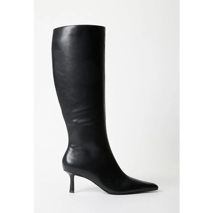 JUST FAB Women's Knee High Boots Pointed Toe Stiletto Heel Tall Eco Leather Dress Boots with Side Zipper