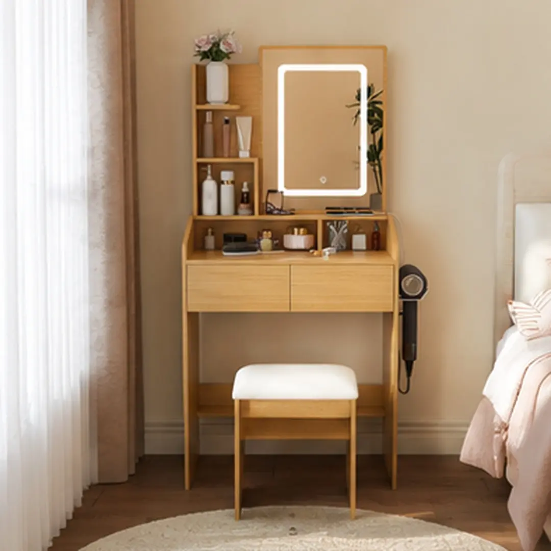 ARCH Wood Dressing Table Vanity Set - LED Lighting Mirror, Power Outlet, Hairdryer Holder, Padded Stool, 2 Drawers, Open Shelf, MDF, Compact Beauty Routine Desk for Small Bedroom, Dorm, Modern Classic American Design, Multiple Wood Colors, Apartment, Vani