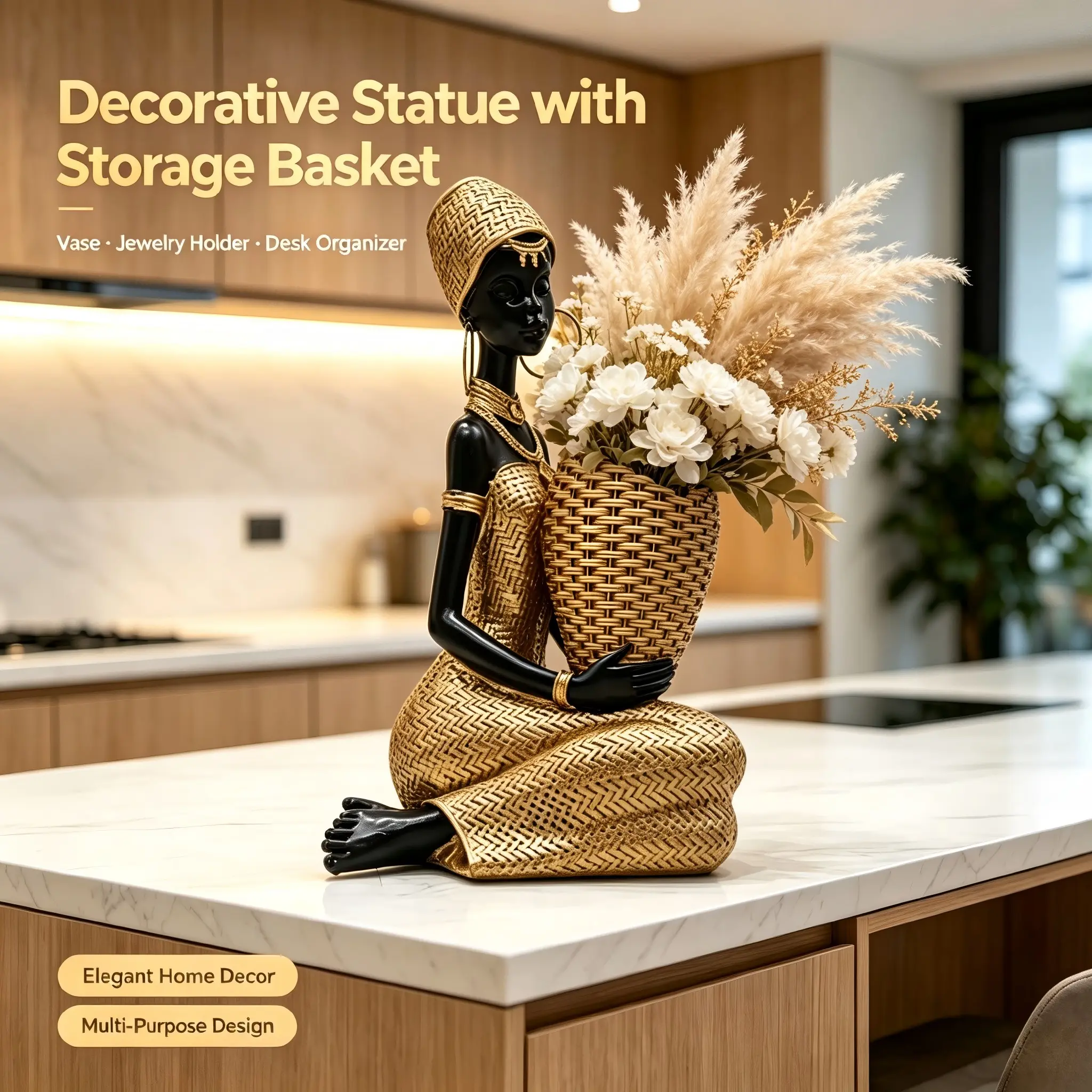 Luxury Gold Lady Sculpture Ornament with Storage Basket, Desktop Decorative Vase, Multi-Functional Jewelry Box, Living Room Desk Décor, Vases Home Decor, Table Decor