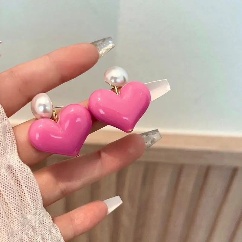 Korean New S925 Silver Needle Death Pink Love Pearl Earrings Fashion Leading Sweet and Cool Earings for Women Jewelry