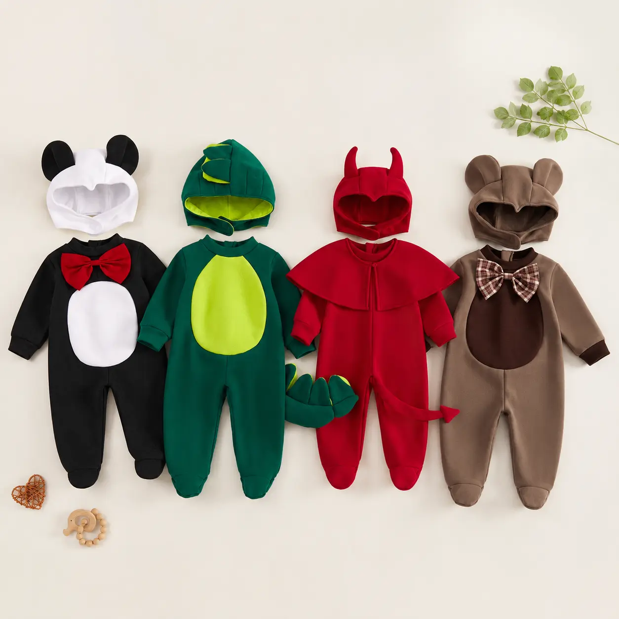 Baby Halloween Animal Costume Footed Jumpsuit 4 Styles Dinosaur Devil Panda Bear Hooded Romper with Headgear Toddler Long Sleeve Zipper Onesie Fall Trick Or Treat Cosplay Outfit Neutral
