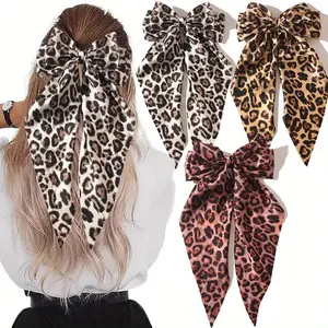 3pcs Leopard Print Satin Bow Hair Clip with Long Tail Ribbon, Large Elegant Hair Bow for Women, Perfect for Ponytails and Formal Hairstyles.