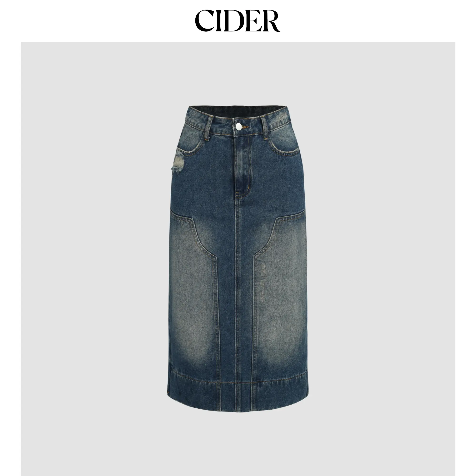 Cider [size 2-26] Denim Patchy Split Maxi Skirt