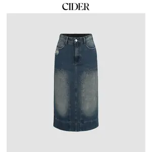Cider [size 2-26] Denim Patchy Split Maxi Skirt