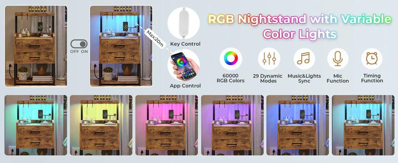 Sikaic LED Nightstand with Charging Station Brown Wood Bedside Table 2 Drawers 2 USB Ports RGB Lights for Bedroom Living Room Modern Storage Shelves & Hooks