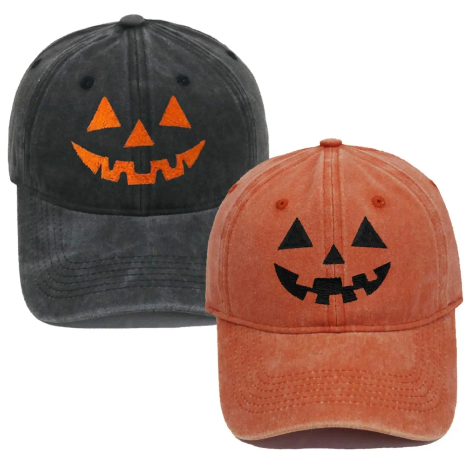 Halloween Embroidered Face Pumpkin Baseball Cap - Vintage Washed Cotton Jack O'Lantern Dad Hat with Adjustable Strap (Sports & Outdoor Accessory)