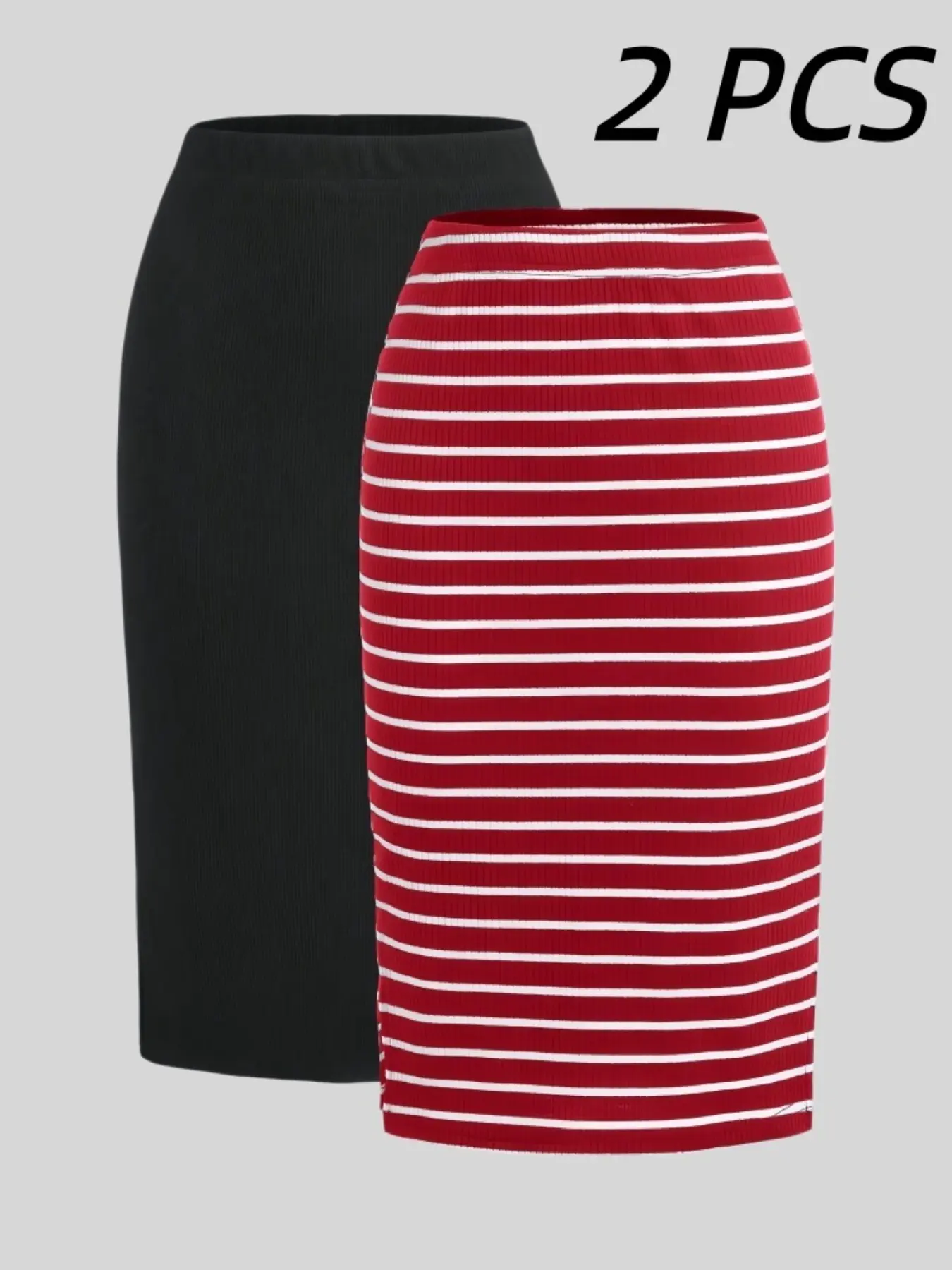 Plus Size High Waist Slim Fit Striped Pencil Skirt, Straight Leg Slight Hem Split Design, Office Wear, Mature Soft Women's Clothing Set