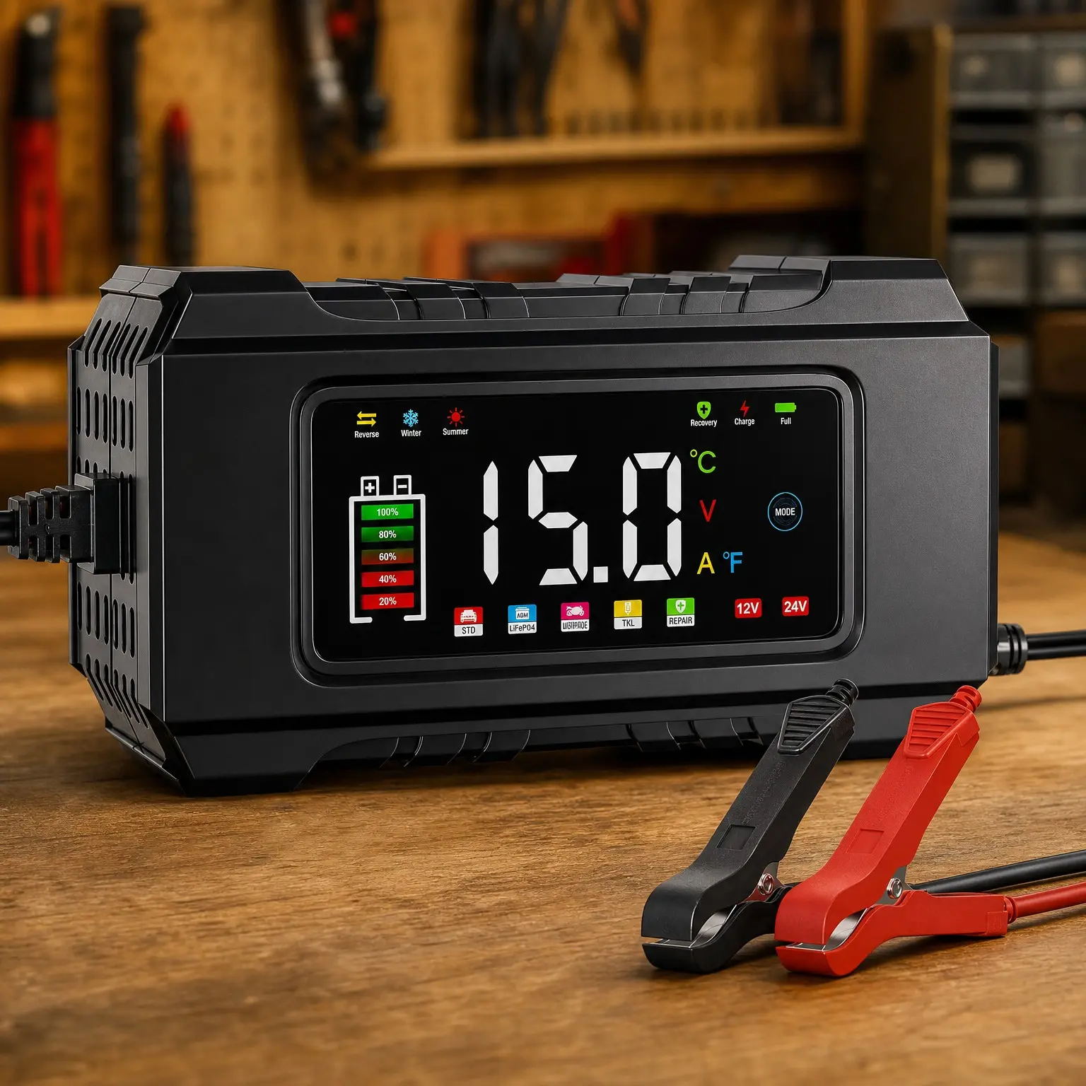 15-Amp 12V/24V Smart Battery Charger, Maintainer & Trickle Charger for LiFePO4, Lead Acid Batteries - Fully Automatic 9-Stage Charging with Temperature Compensation for Motorcycle, Car, Truck, Lawnmower & Boat