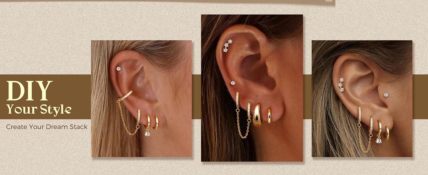 MILACOLATO 6Pairs Gold/Silver Earrings for Women Hypoallergenic Earrings Surgical Steel Cubic Zirconia Stud Huggie Hoop Cartilage Earring Set Chain Dangle Helix Hoop Earring Stack for Multiple Piercings