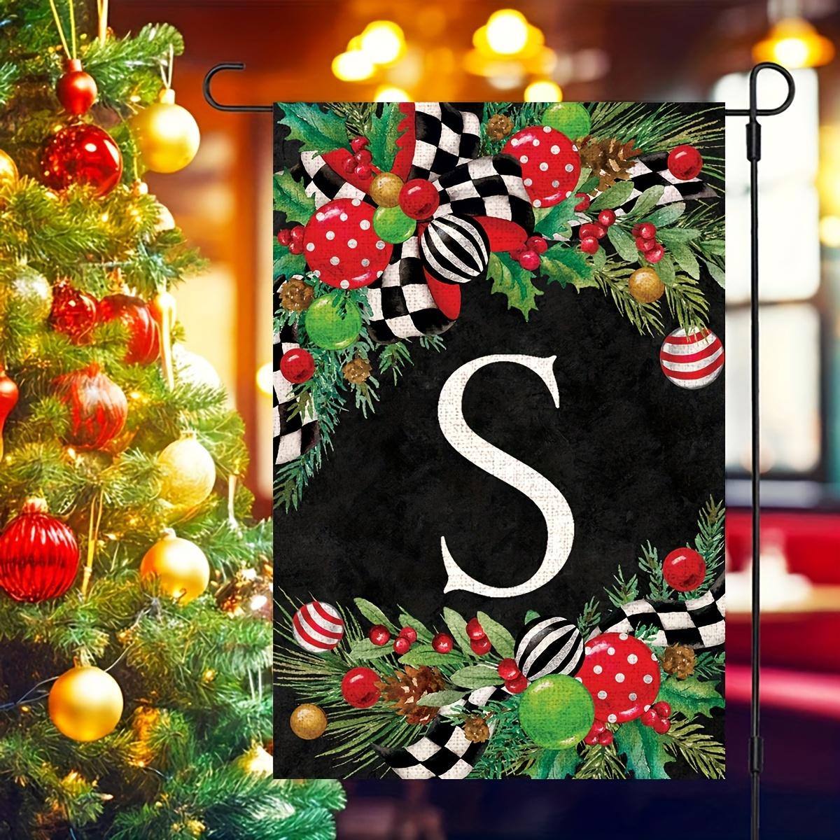 Linen Christmas Monogram Letter Garden Flag - Initial Personalized Family Name Yard Banner Sign,Double-Sided Print, Festive Holiday Outdoor Decoration, Yule Holly Design, No Flagpole Included Ornaments