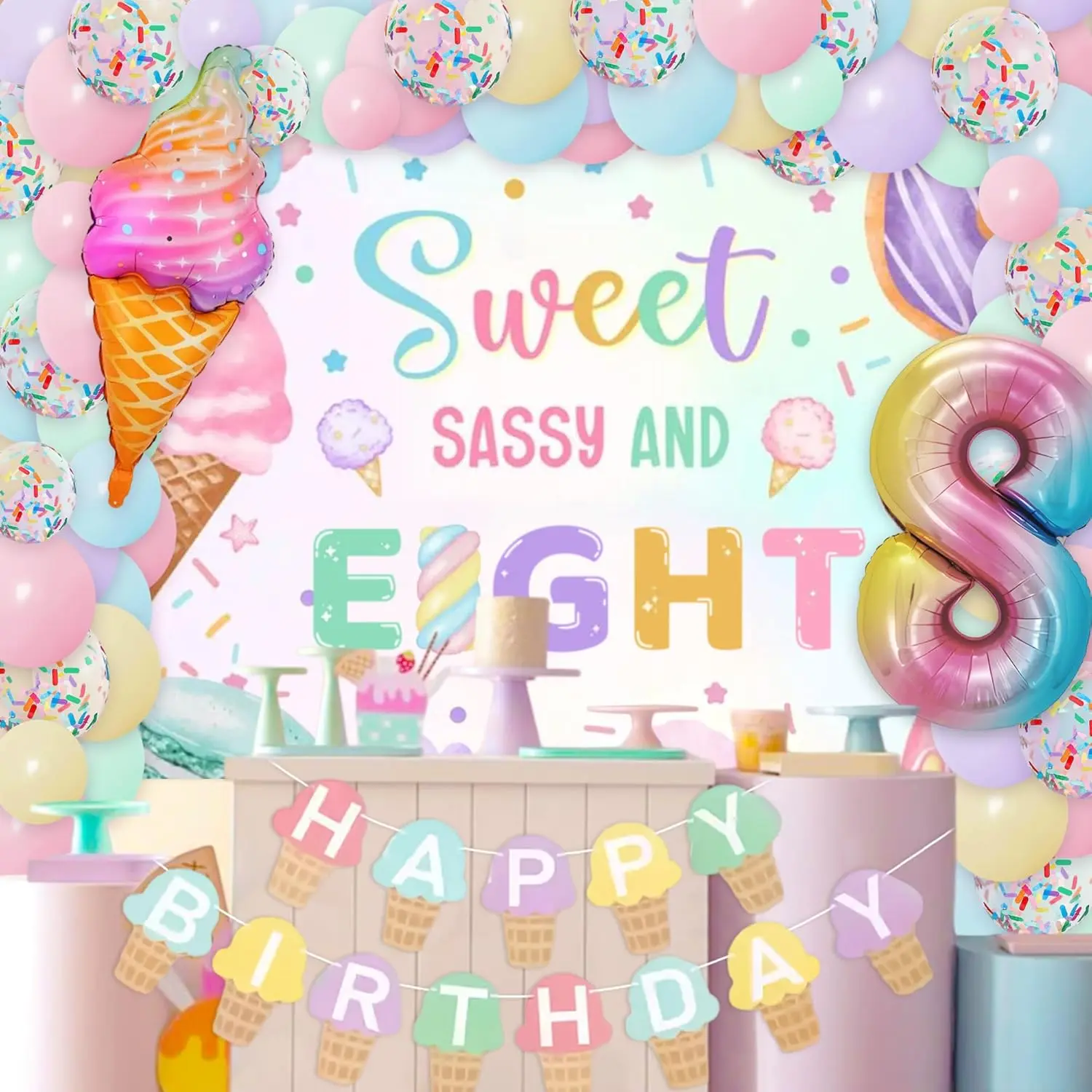 Girls' 8th Happy Birthday Party Decorations Set - Sweet Sassy Theme, 59.1x47.24 Inches Easy-Install Ice Cream Donut Backdrop Kit, Balloons, Macaron Supplies, Festive Home & Baby Shower Essentials, Female