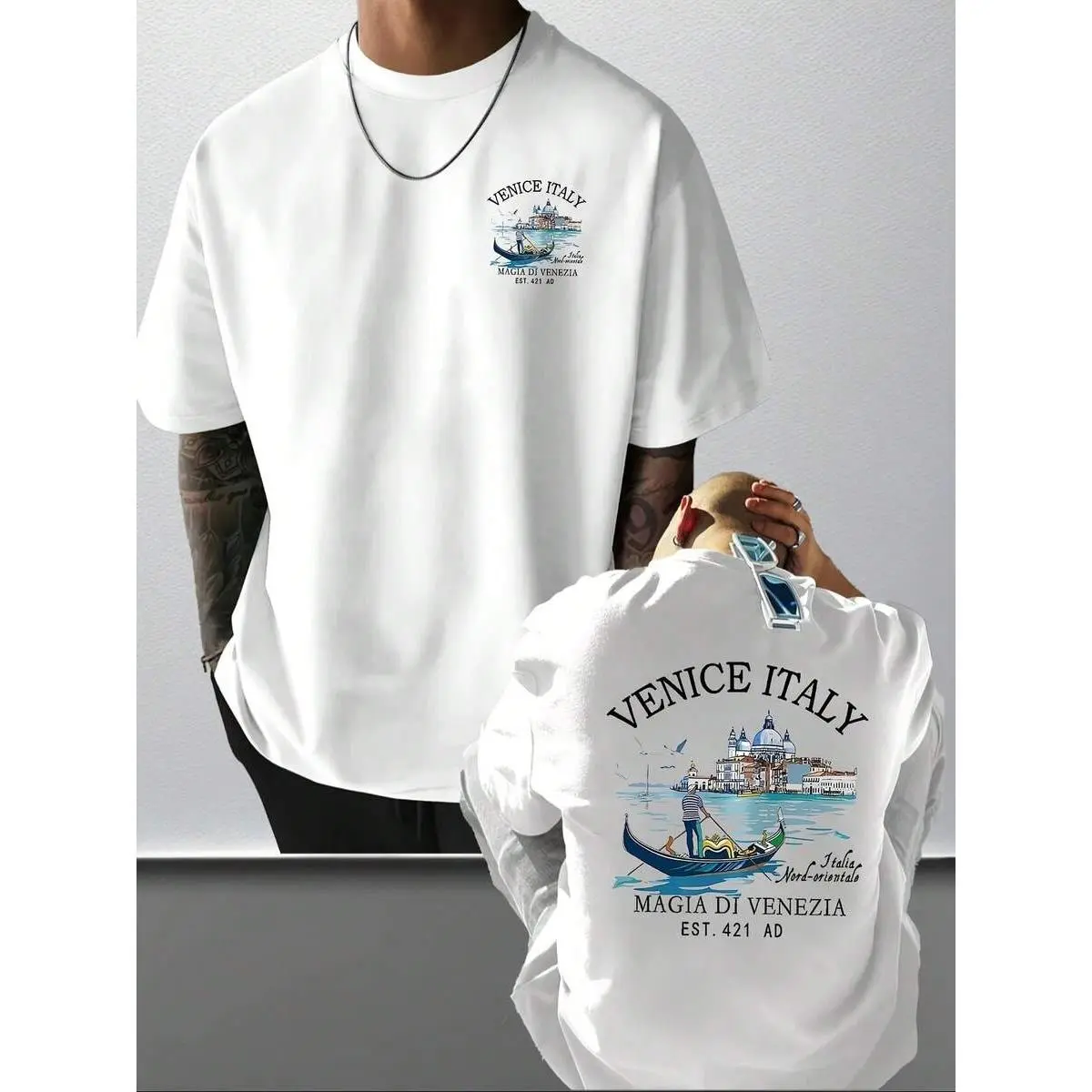 Men's Casual Short Sleeve T-Shirt With Venice Italy Graphic Print - Lightweight Summer Round Neck Tee, Regular Fit For Travel & Casual Attire, Vacation Apparel, Stylish Design, Breathable Material, Printed Shirt, Streetwear Style