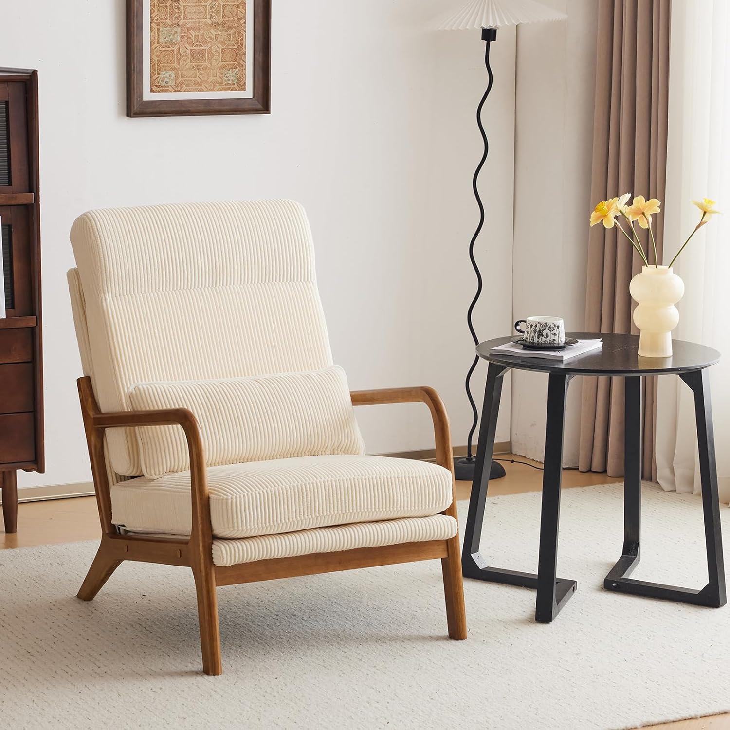 VINGLI Mid-Century Modern Accent Chair, Living Room Chairs with Pillow High Back Corduroy Upholstered Lounge Armchair with Solid Wood Frame & Soft Cushion for Bedroom, Reading Room