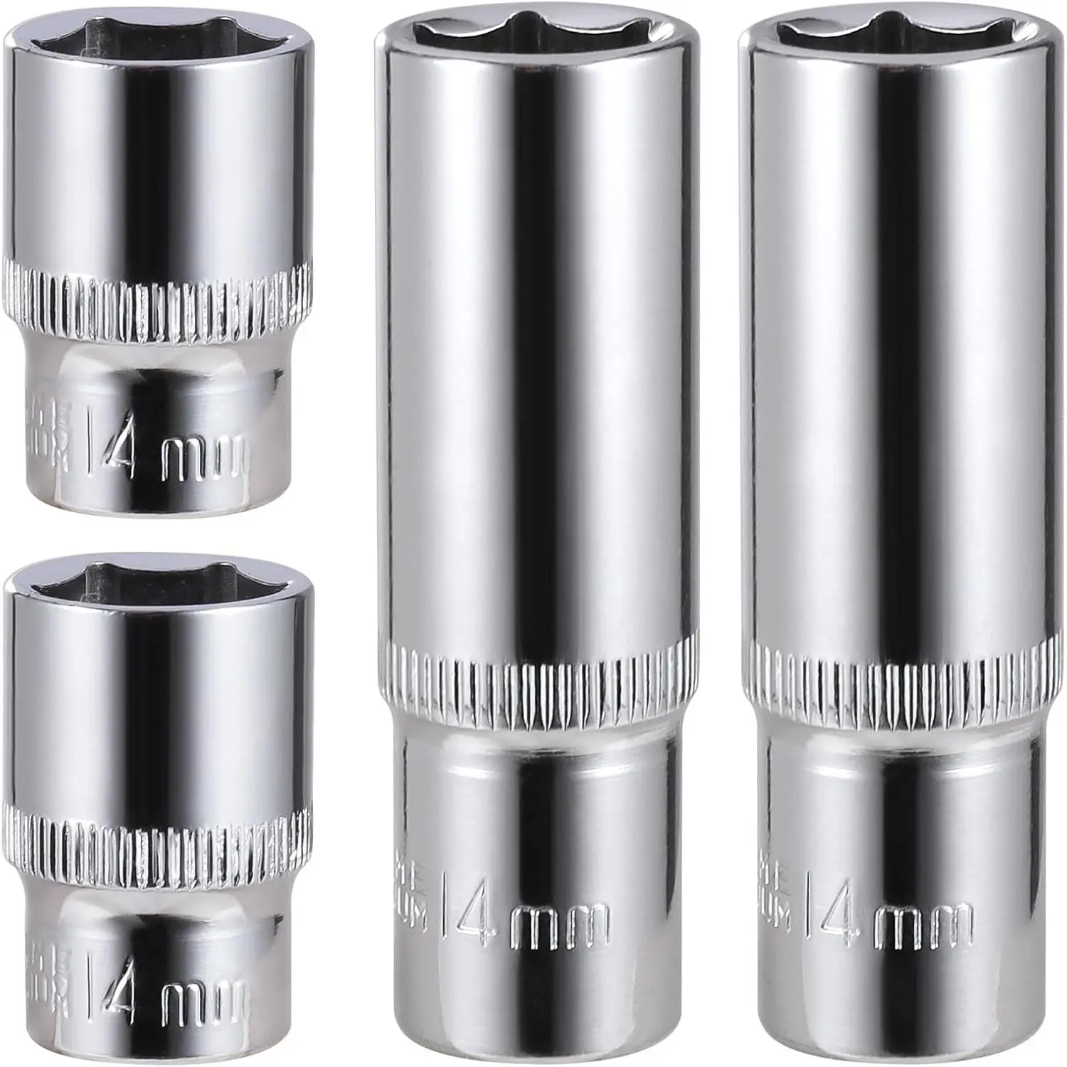 4- 14mm Socket Set, 3/8-Inch Drive, 6-Point, Deep *2 & Shallow *2 Sockets,  Resistance, Compatible with Standard Ratchet Wrenches and Tools
