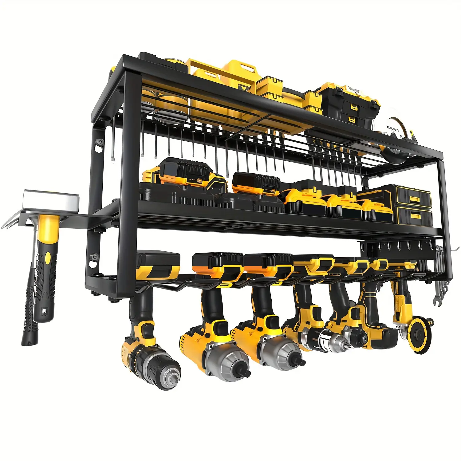Wall-Mounted Multi-Tier Metal Frame Tool Rack - 3-Layer, 7 Drill Slots, Hook Area, Garage Maintenance Tool Organizer