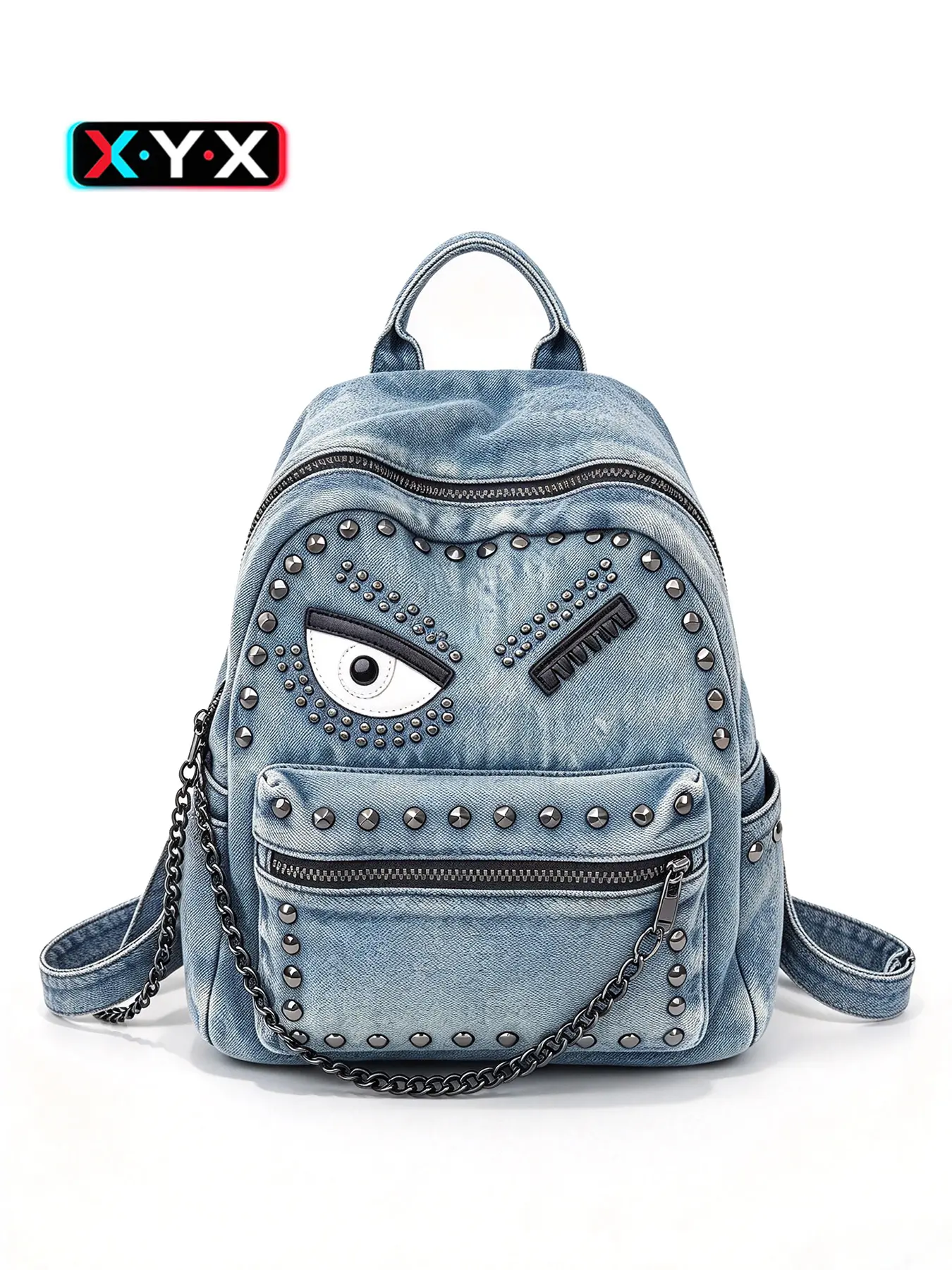 1pc Y2K Style Denim Backpack With Unique Eye Patch And Metal Stud Decoration, Detachable Chain Strap, Multi Pockets Design Streetwear Fashion Daypack For Daily Outing, Versatile Backpack for Halloween